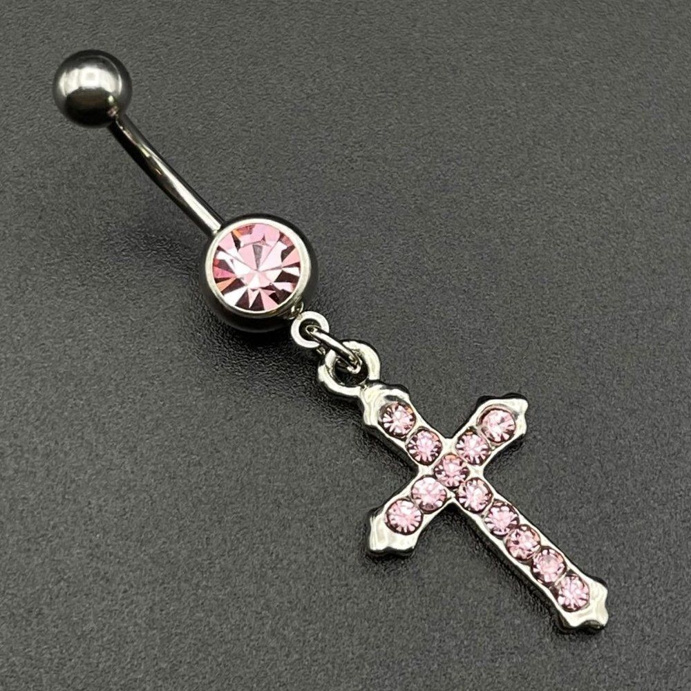 316L Stainless Steel with Pink Sapphire Cubic Zirconia Dangling Cross Belly Ring